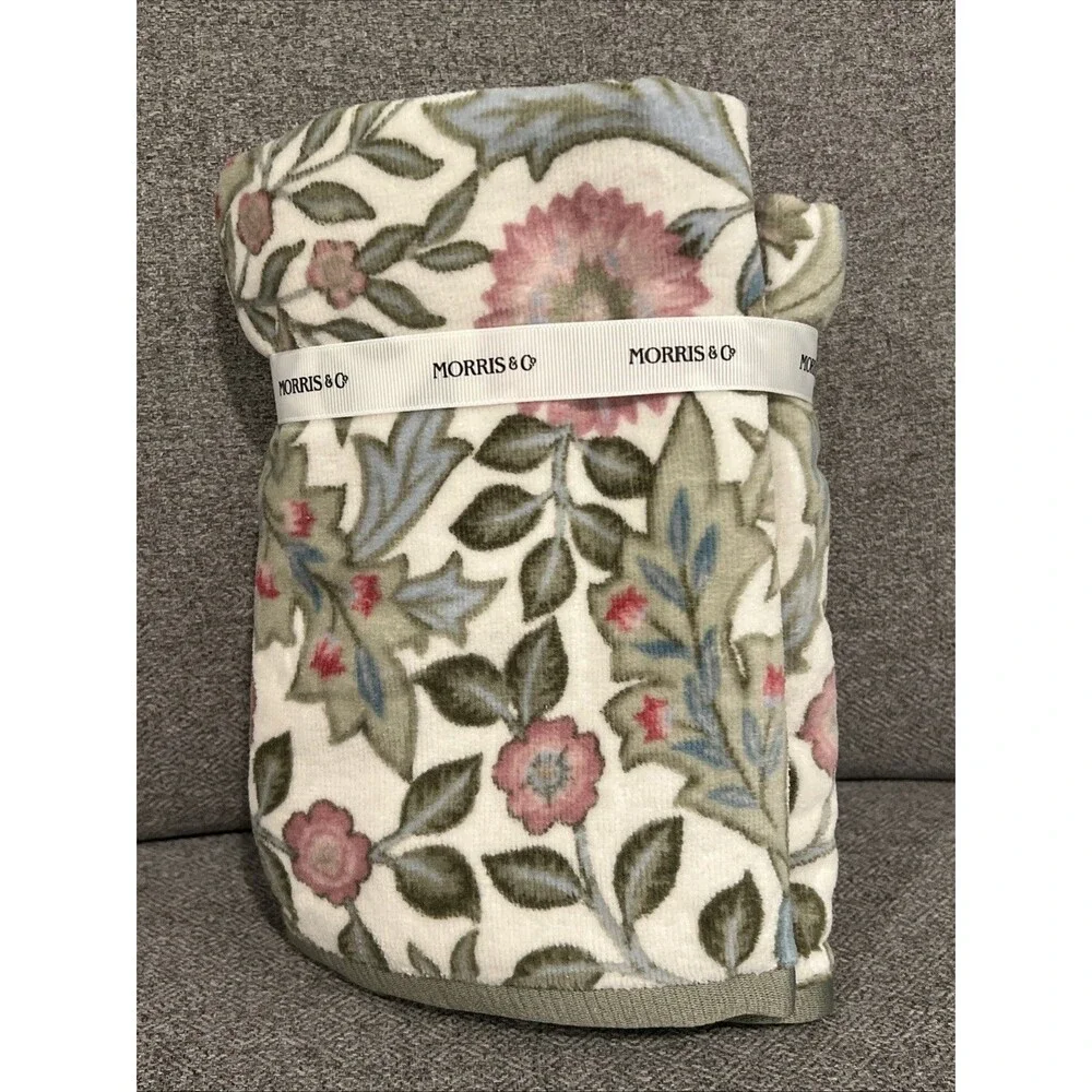 2 Morris & Co. Wilhelmina Floral Velour HAND Towels Botanical Green Pink New